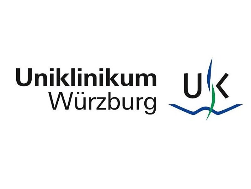 Logo des Uniklinikums Würzburg mit stilisierten Buchstaben 'UK' und geschwungenen Linien in Blau und Grün